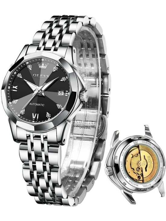 Women\'s Black Silver Automatic Luxury Ceramic Strap Self Winding Wrist Watch main image 4